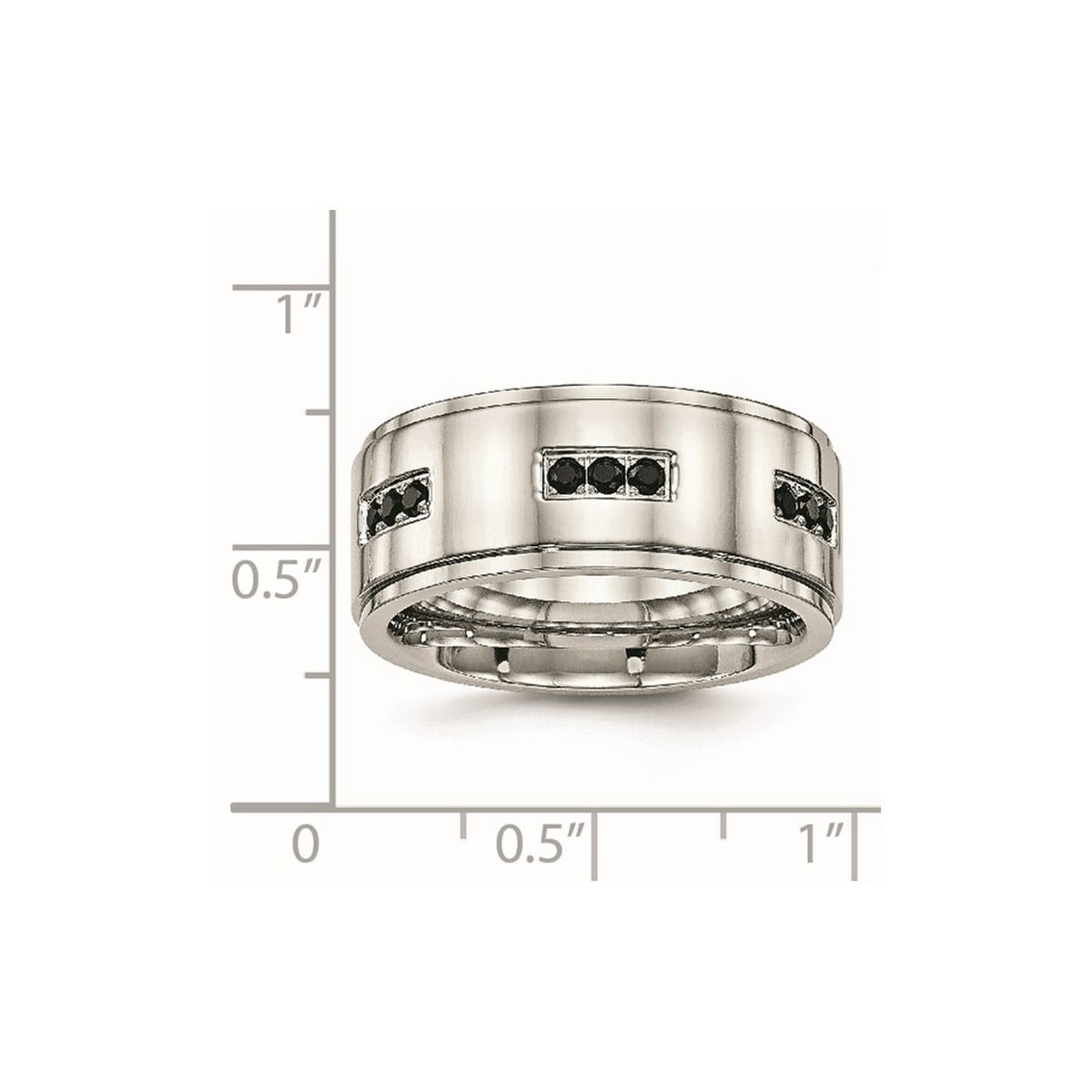 9mm Stainless Steel Polished Ridged Edged Black Cubic Zirconia Ring Size 12 Ring for Women