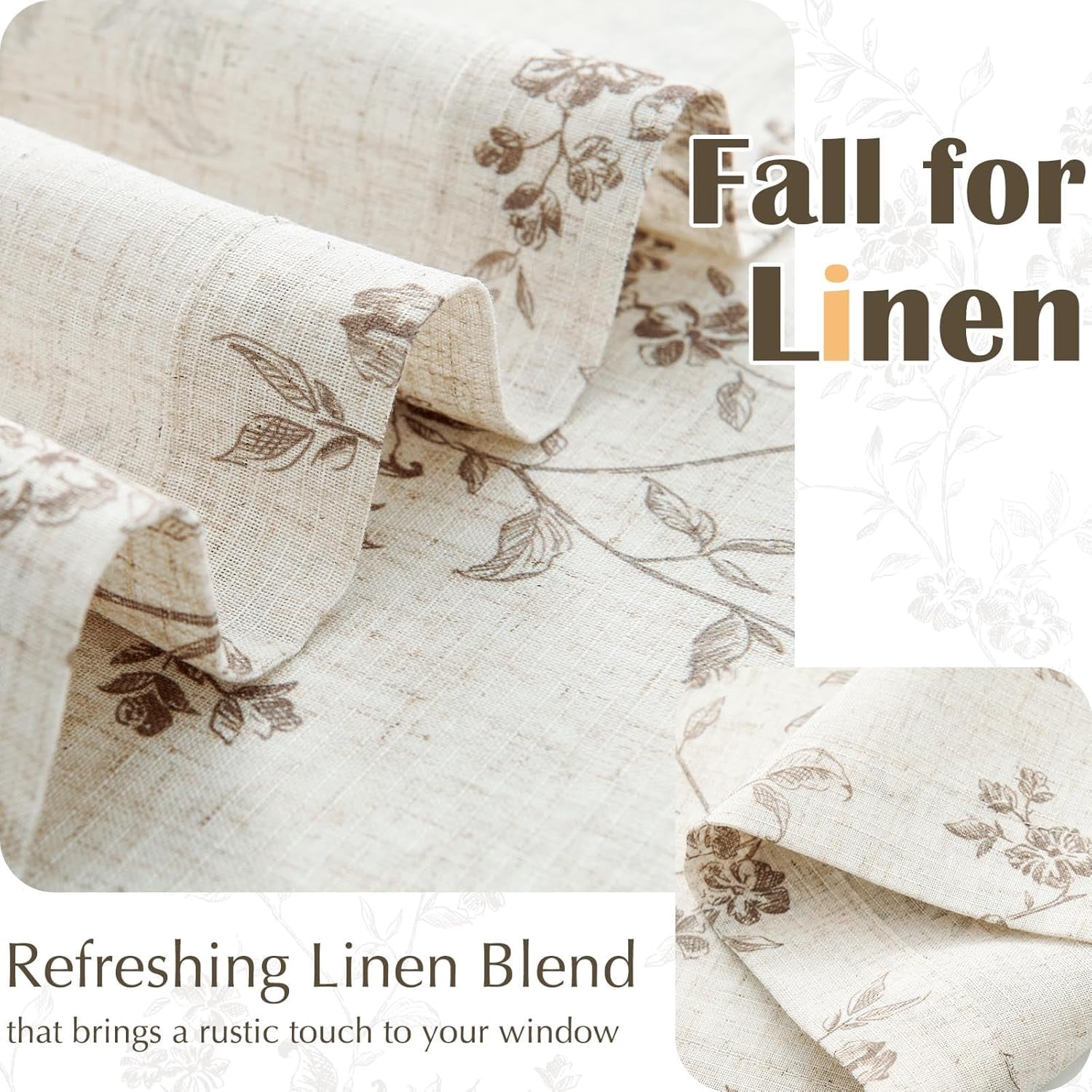 Floral Kitchen Curtains Linen Tier Curtains Farmhouse Cafe Half Window Drapes Over Sink Light Filtering for Living Room Laundry RV Rod Pocket Panels Taupe on Beige
