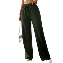 SWSMCLT Women's High Waisted Pants Ribbed Knit Drawstring Full Length Pants Long Lounge Casual Pants Wide Leg Pocket Loose Fit Elastic Army Green Large