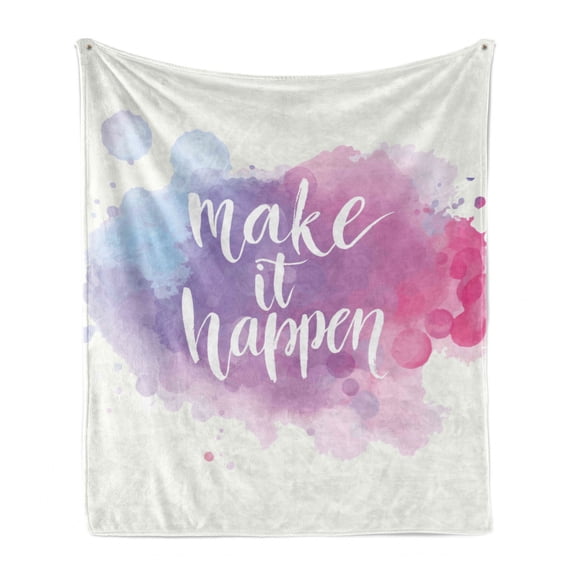 Lifestyle Soft Flannel Fleece Throw Blanket, Make It Happen Hand Written Positive Words in Paintbrush Artwork, Cozy Plush for Indoor and Outdoor Use, 60" x 80", Blue Fuchsia, by Ambesonne