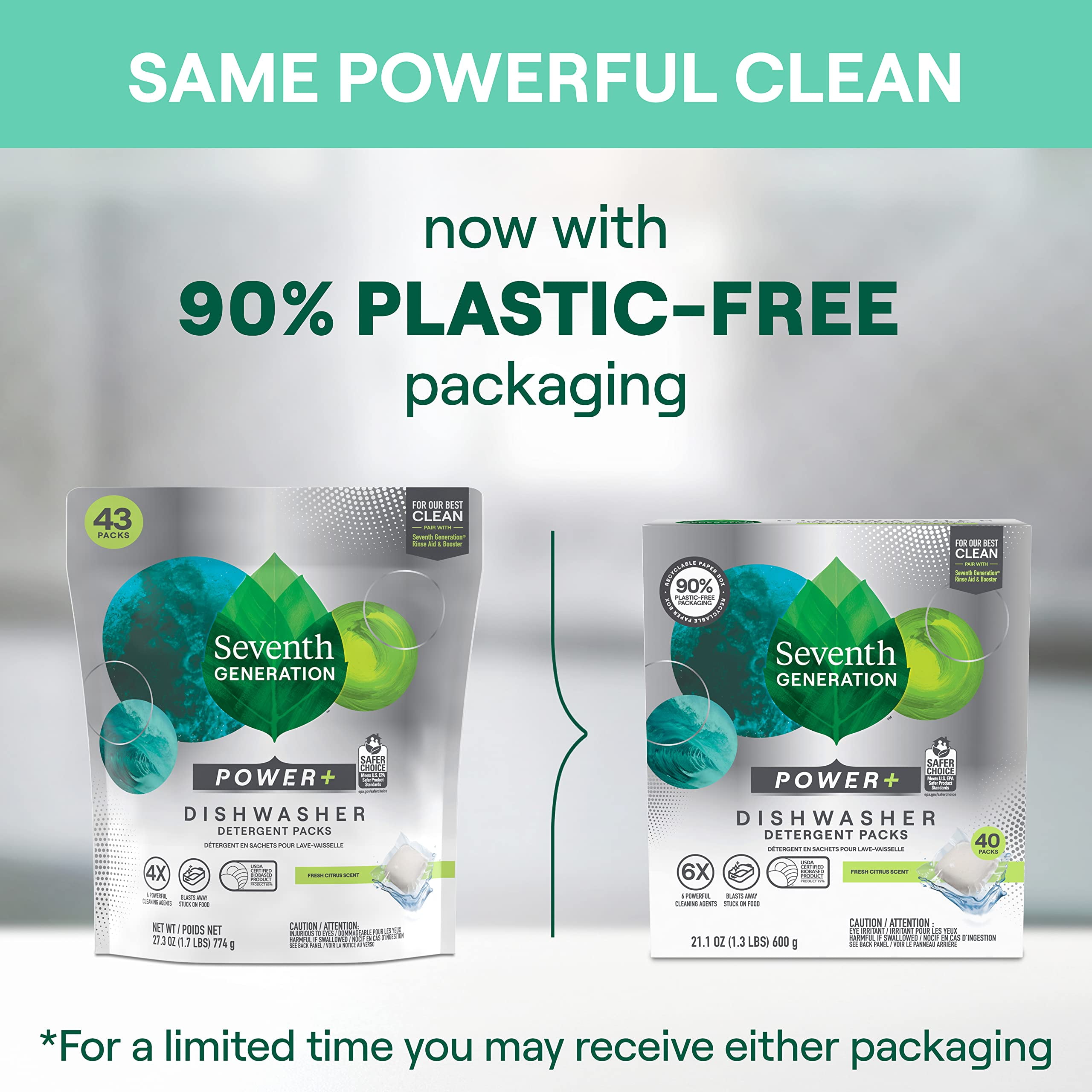 Seventh Generation Power+ Dishwasher Detergent Packs For Sparkling Dishes Fresh Citrus Scent Dishwasher Tabs, 40 Count, Pack Of 2 (Packaging May Vary)