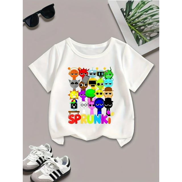 Boys' Cool Alien Cartoon Print Short Sleeve T-Shirt - Black Crew Neck, Soft Polyester Blend, Casual Summer Tee with "SPRUNK" Design, Casual Wear | Fun Graphic Shirt | Comfortable Fit Shirt, Boy Tshir