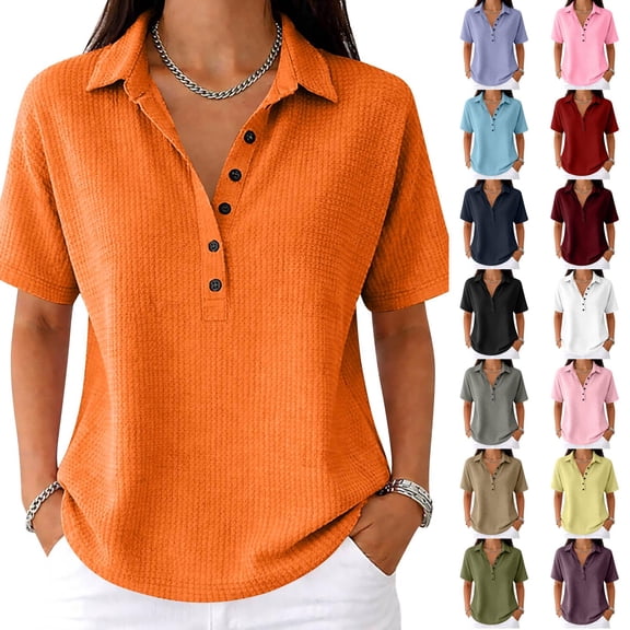 Dwellite Polo Shirts for Women 3/4 Sleeve Tops Golf Tees Button Collared Waffle Shirt Business Casual 2026 Wine 3XL