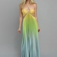 thumbnail image 4 of Blue-Orange Gradient Halter Neck Hollow Out Pleated Maxi Dress For Women, 4 of 7