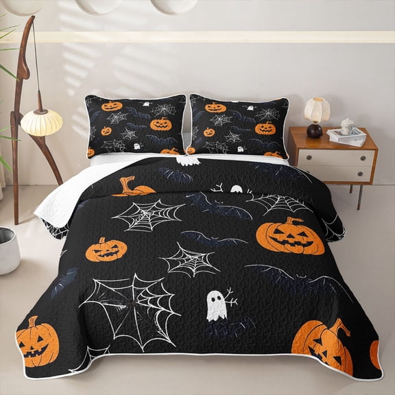 Homewish Halloween Ghost Bat Twin Quilt Set, Spider Web Pumpkin Twin Coverlet Set, Black Orange, 2 Pieces 1 Bedspread and 1 Pillowcase