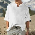 thumbnail image 2 of Men's Solid Color Pleated Quarter Sleeve Top Men's Retro V-Neck TopXL, 2 of 5