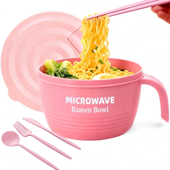 45oz Microwave Ramen Bowl Set, 5-Piece Polypropylene Material, Microwave Pasta Cooker, Dorm Essential Gift, Pink
