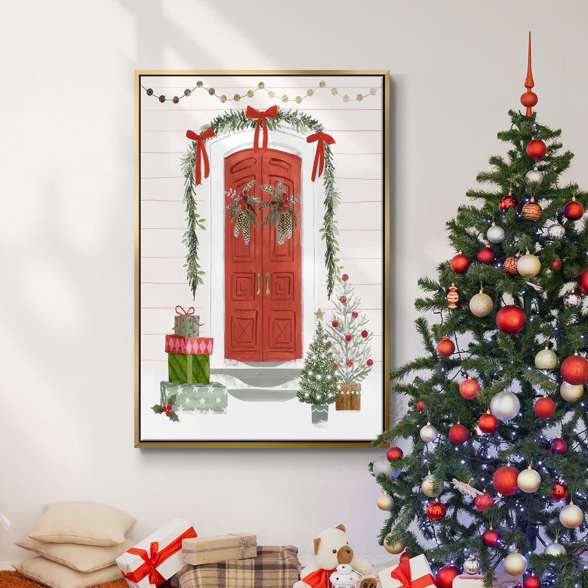 Festive Front Door II - Framed Gallery Wrapped Holiday Canvas - 17 x 25 - Gold Frame