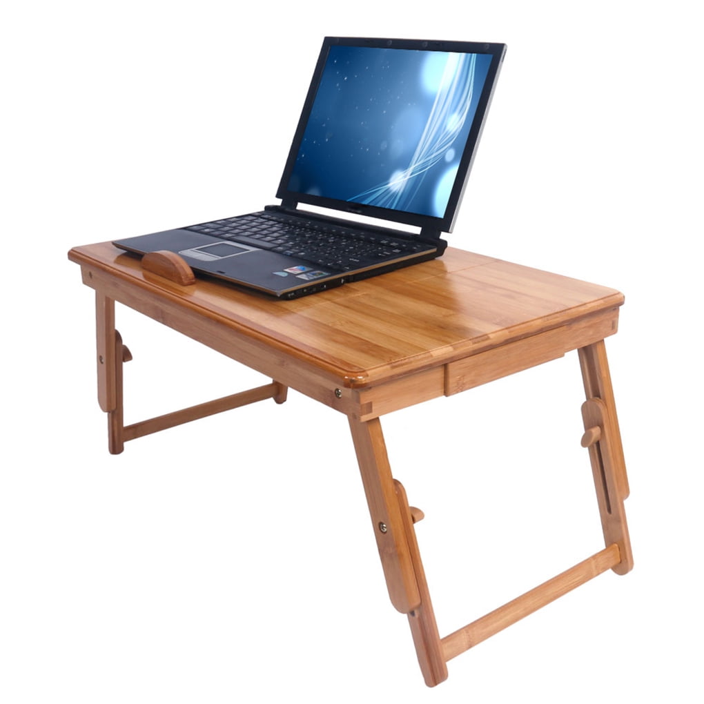 Bamboo Laptop Desk Adjustable Breakfast Serving Bed Tray w/Tilting Top Drawer US 