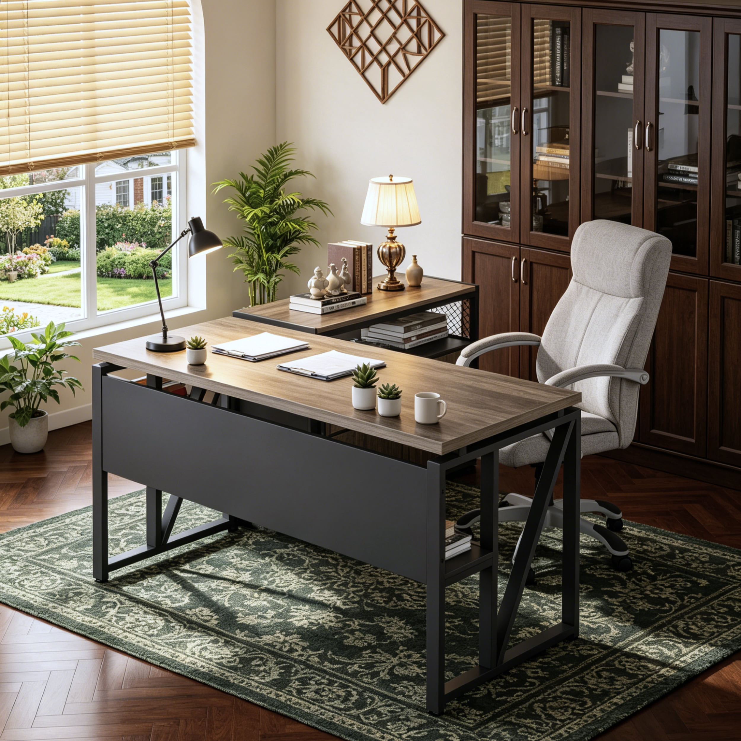 Fnova 55" Industrial Desk, 2-Piece Executive Desk Computer Desk Writing Desk with Rolling Filing Cabinet Set with Lockable Storage, Drawers for Home Office