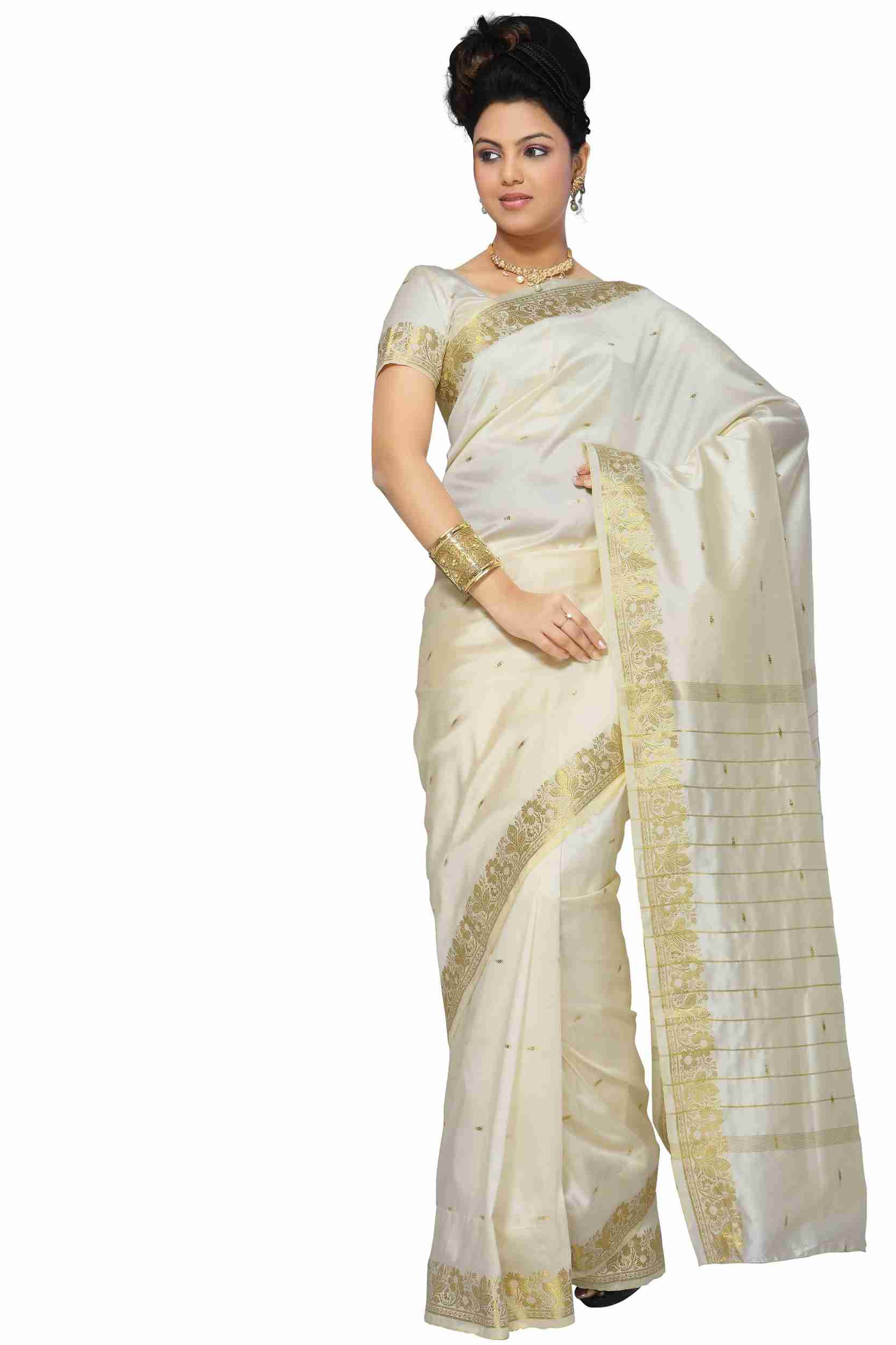 4 Piece Cream Art Silk Sari, Saree, Wrap, custom blouse & petticoat, Bindi  
