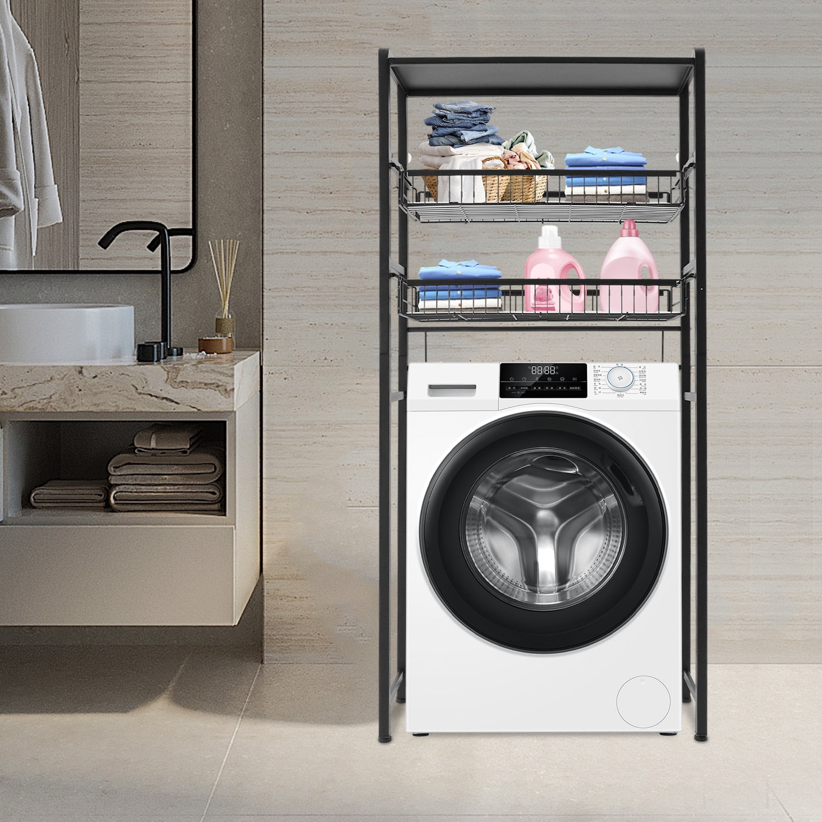 Black Washer Dryer Stacking Rack Stand, Dryer Storage Shelf with 3 Tiered Shelf, Space Saver Shelving Units Freestanding Closet Organizer Storage with Hooks
