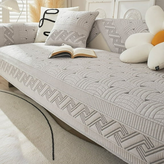 Namzi Cotton Quilted Embroidery Sectional Couch Cover Furniture Protector Cover-35.4*47.2inch,Grey