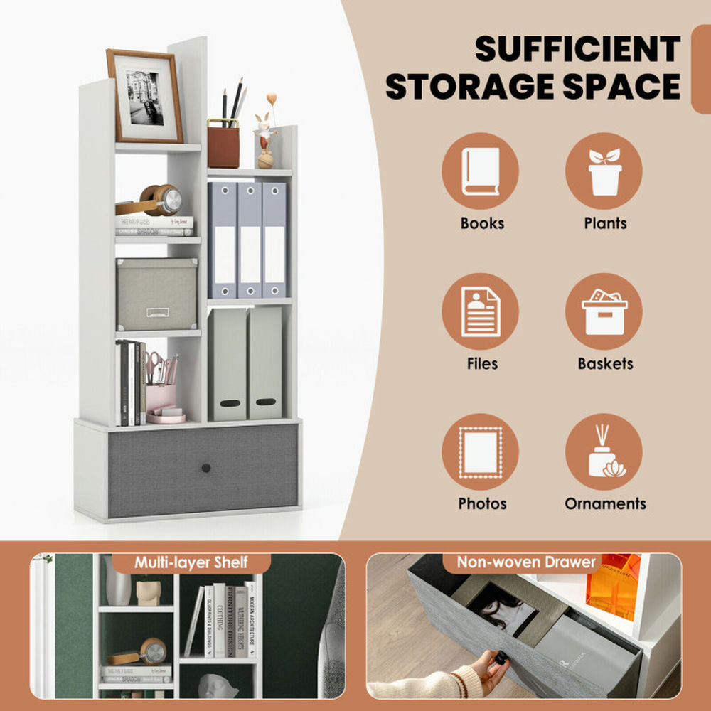 Demi Bonn 7-Tier Open-Back Bookshelf with Drawer, Space-Saving Storage Rack Bookcase, White