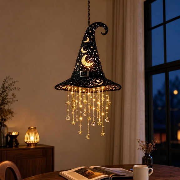 Lighted Witch Hat Hanging Chime, Halloween LED Witch Hat Wind Chime with Star Pendants, Spooky Porch Window Decoration (11.81x3.94x3.94in)