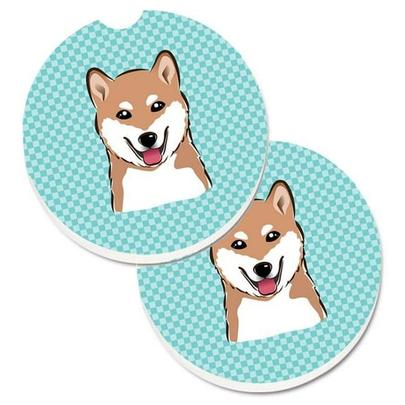 Checkerboard Blue Shiba Inu Set of 2 Cup Holder Car Coaster