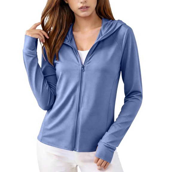 Vinsonshop Women's Outdoor UV Sun Protection Shirt UPF 50 Lightweight Long Sleeve Hoodie Jacket Sun Cover Up Blue L