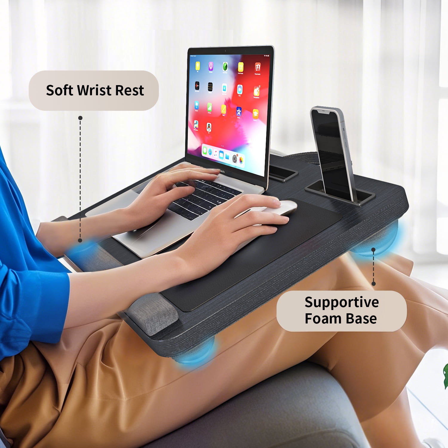 UNICOO Portable Lap Desk with Pillow Cushion, Fits 15.6" Laptop – Anti-Slip Strip, Storage Slot, Ergonomic Laptop Stand for Bed, Couch, or Home Office | Students, Home Office, or Travel (Ebony Black)