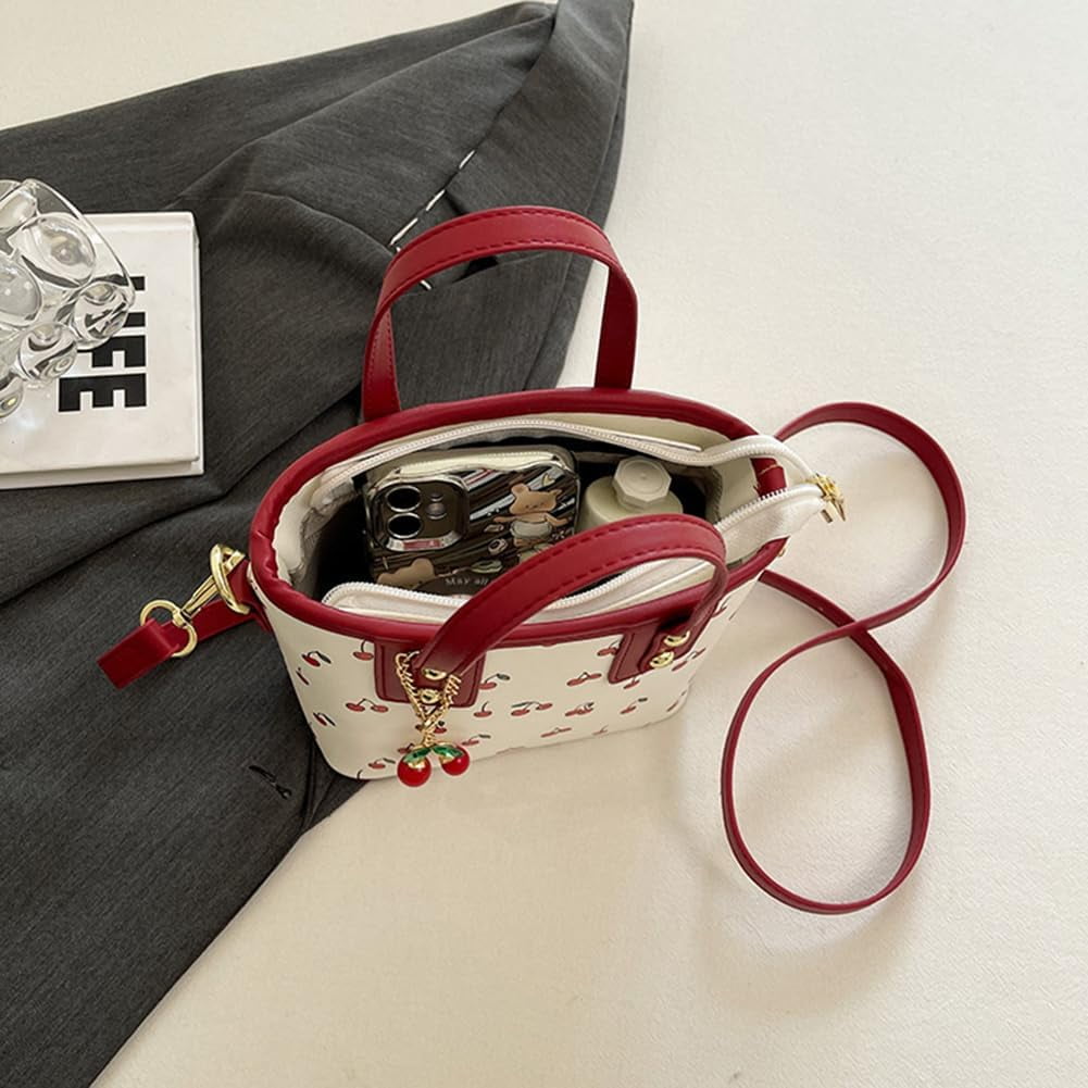 Crossbody Bags for Women, Small Cherry Print Shoulder Bag Cute Leather Tote Bag,Cherry Red Purse with Shoulder Strap