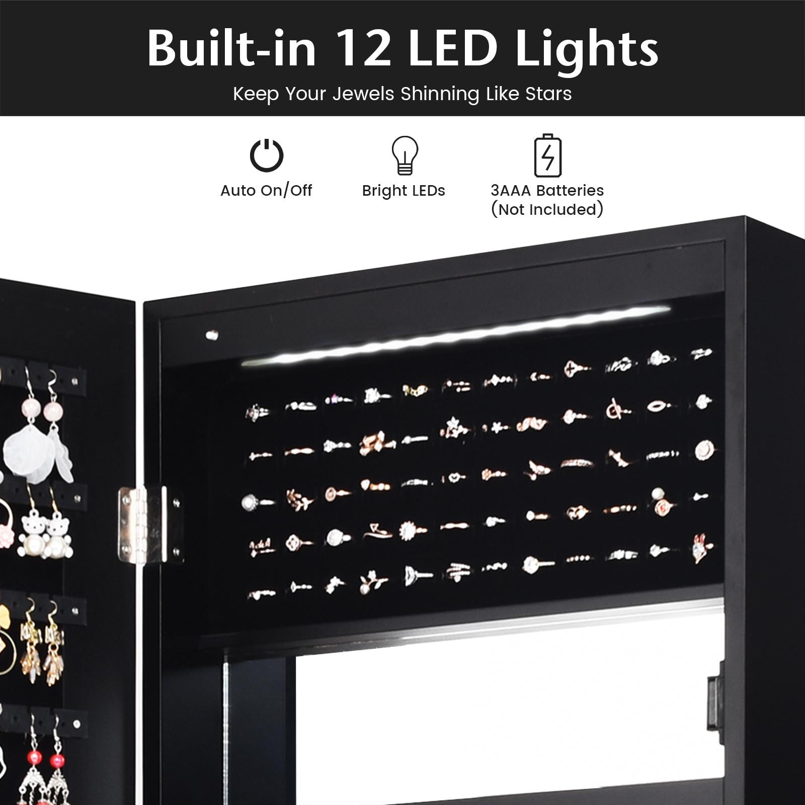 Giantex LED Jewelry Cabinet Wall Door Mounted, Lockable Jewelry Armoire w/Full Length Mirror, Cosmetics Tray, Brush Holders, Build-in Makeup Mirror for Women Girls (Black)