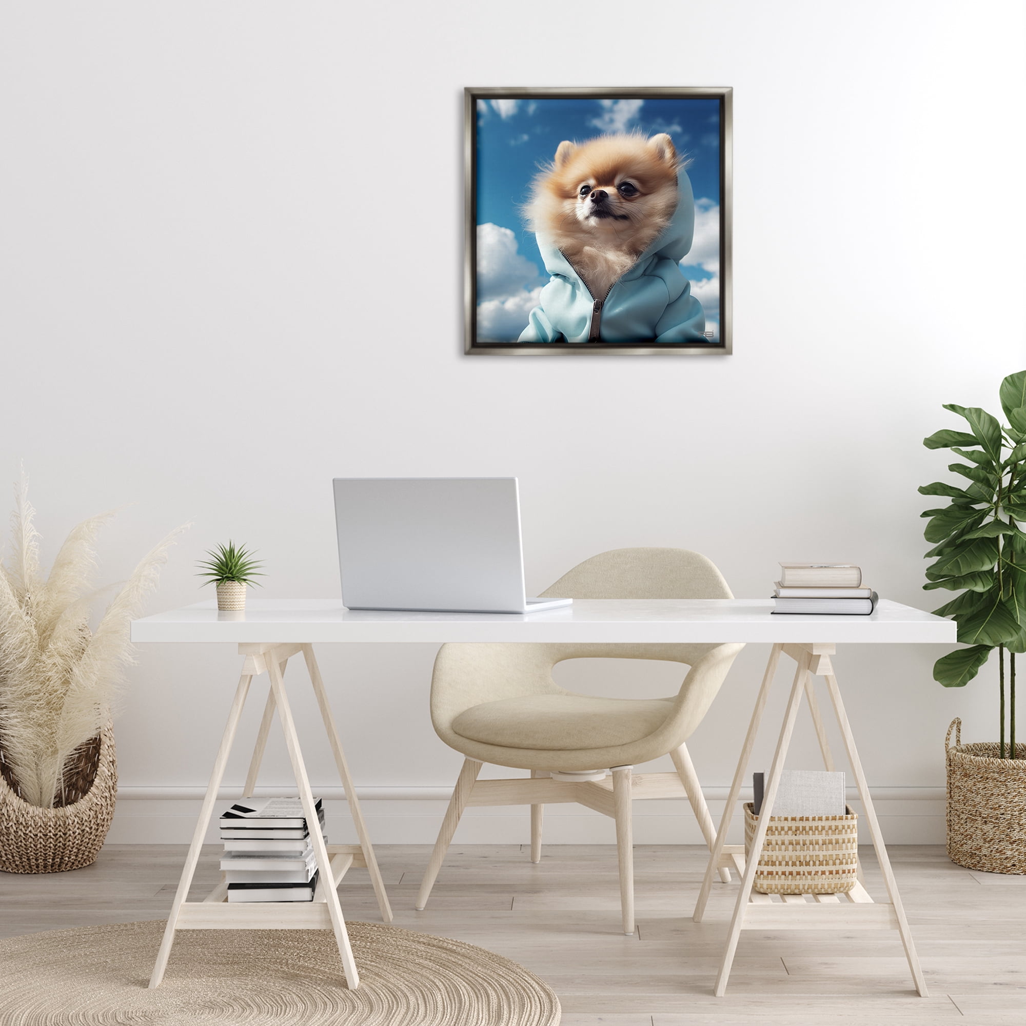 Stupell Industries Pomeranian Dog & Clouds Animals & Insects Painting Gray Floater Framed Canvas Art Print Wall Art, 25 x 25