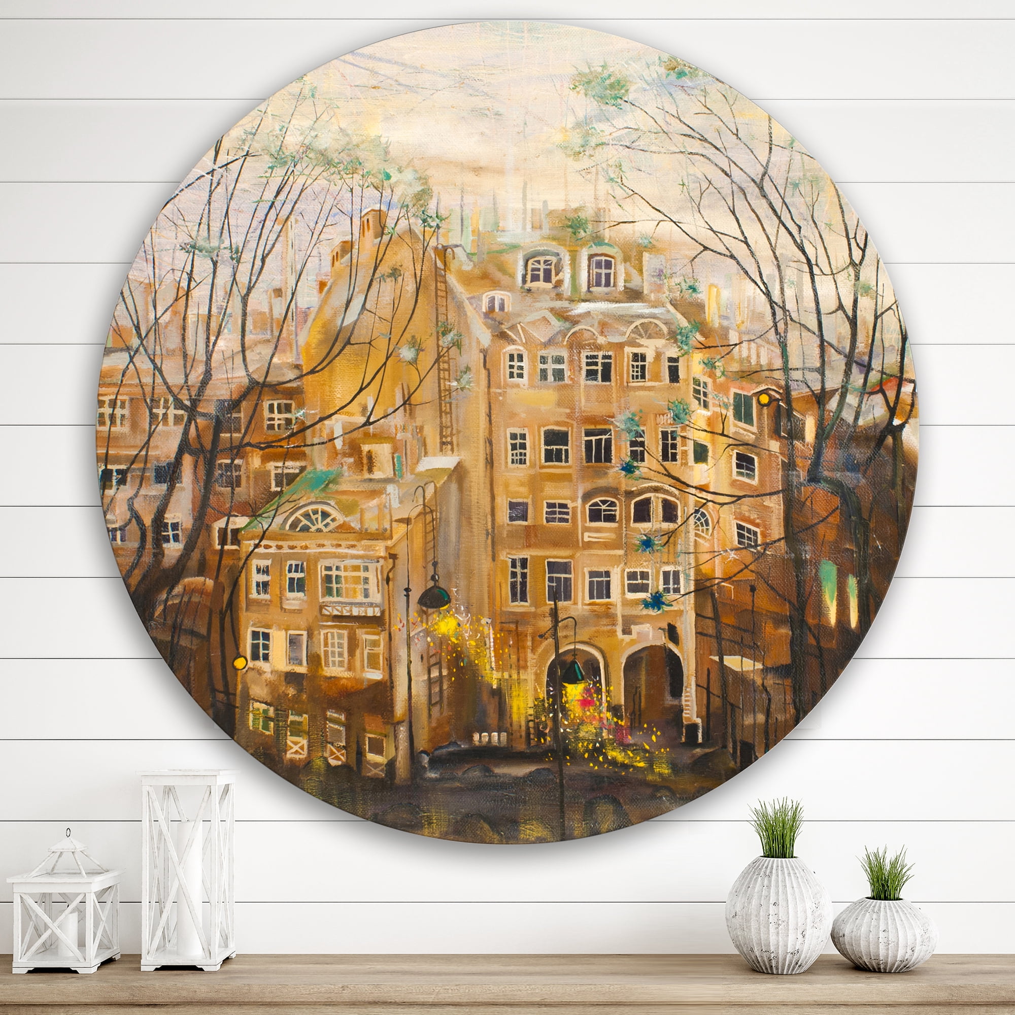 Designart 'Russian City Yard Landscape' Traditional Circle Metal Wall Art 36x36 - Disc of 36