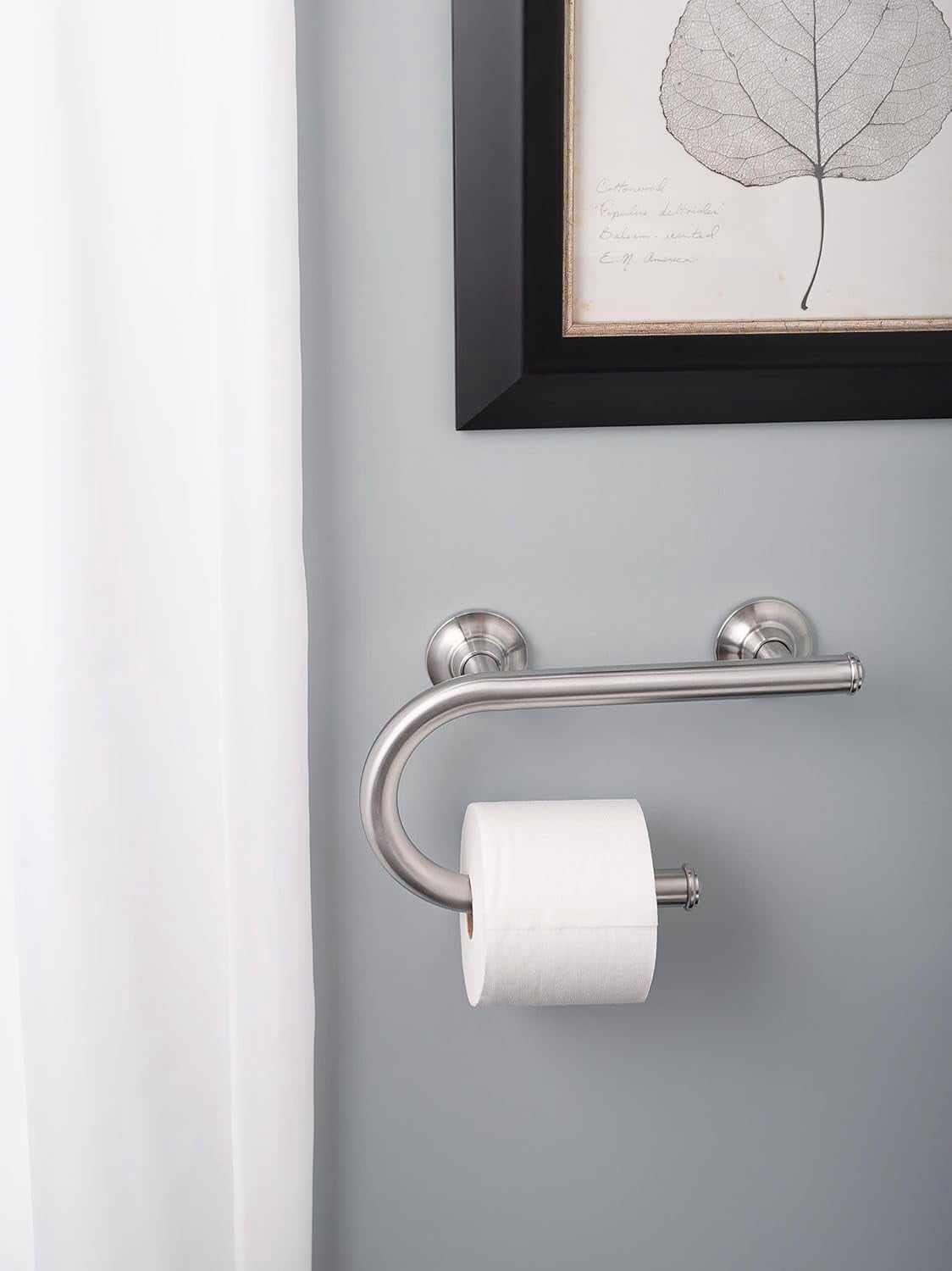 Brushed Nickel 8-Inch Wall Mounted Grab Bar with Integrated Toilet Paper Holder for Bathroom Safety and Accessibility