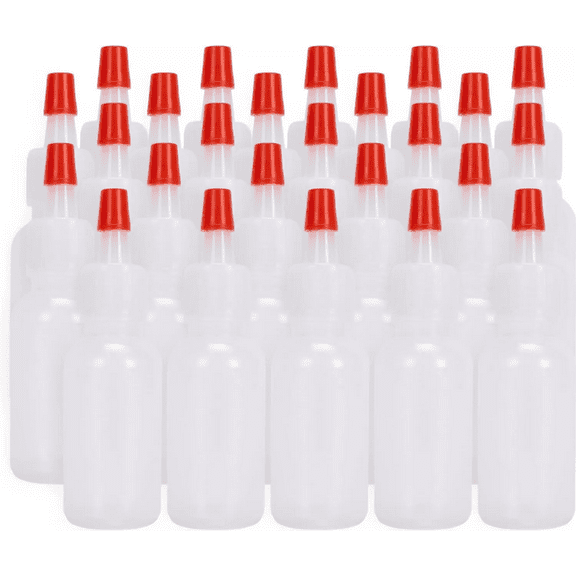 Plastic Boston Round Squeeze Bottles, ½oz/15mL Dropper with Yorker Red Tip Caps, 25 Pack Squirt & Condiment Bottles for Liquids, for Crafting & Paints, Sauces, Dressing, Oil, Honey