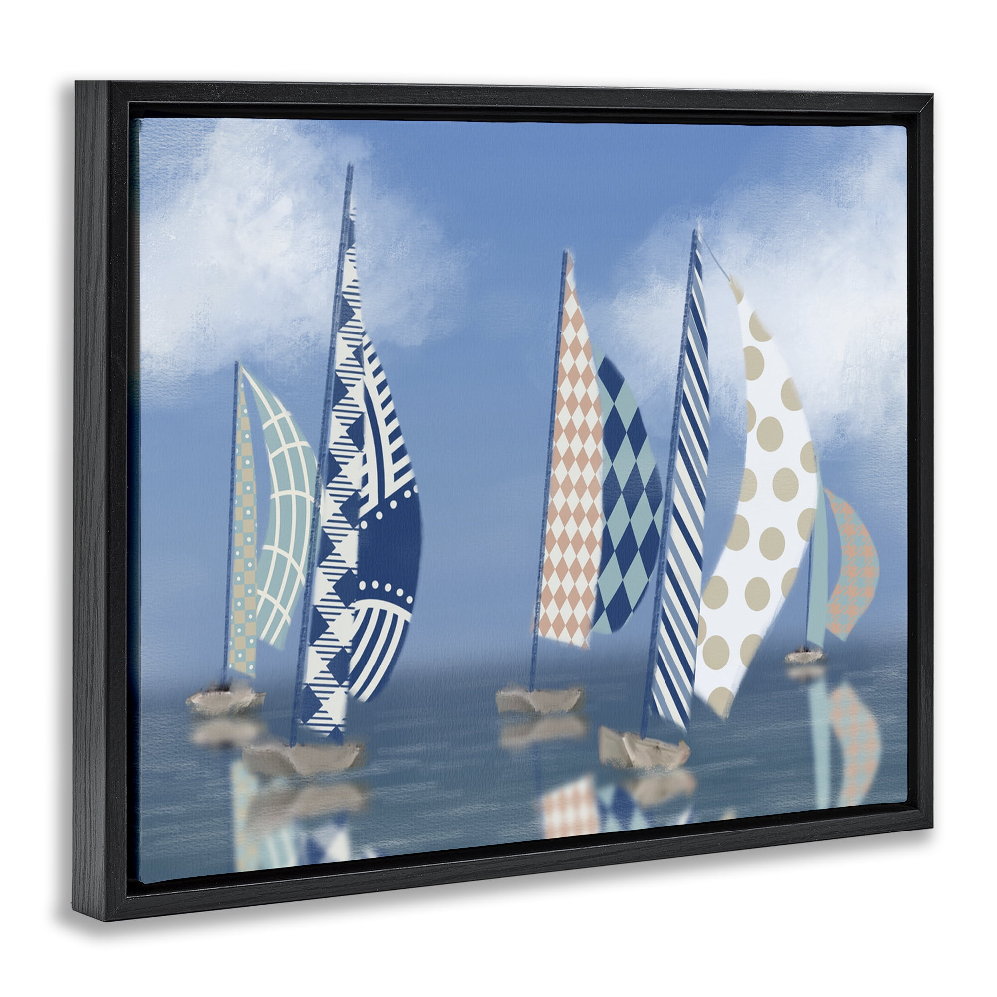Stupell Industries Patchwork Coastal Sailboats Transportation Painting Black Floater Framed Canvas Art Print Wall Art, 21 x 17