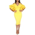 thumbnail image 1 of Vestido midi de noche de fiesta sexy elegante con cuello en V y hombros descubiertos con mangas con volantes lisos Vestido ajustado Adepaton WRMH-225-25, 1 of 6
