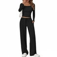 thumbnail image 5 of Two Piece Sets for Women Trendy with Pockets Square Neck Long Sleeve Solid Color Long Pants Tops Loungewear Sets Black M, 5 of 10