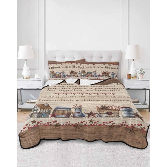 Quilts Twin XL Size, Farmhouse Soft Comforter Bedding Set for Bed, Brown Country Star Berry Vintage Wood Grain Lightweight Quilted Bedspread with Pillow Cover(2 Pieces) for All Season, 68x98 Inch