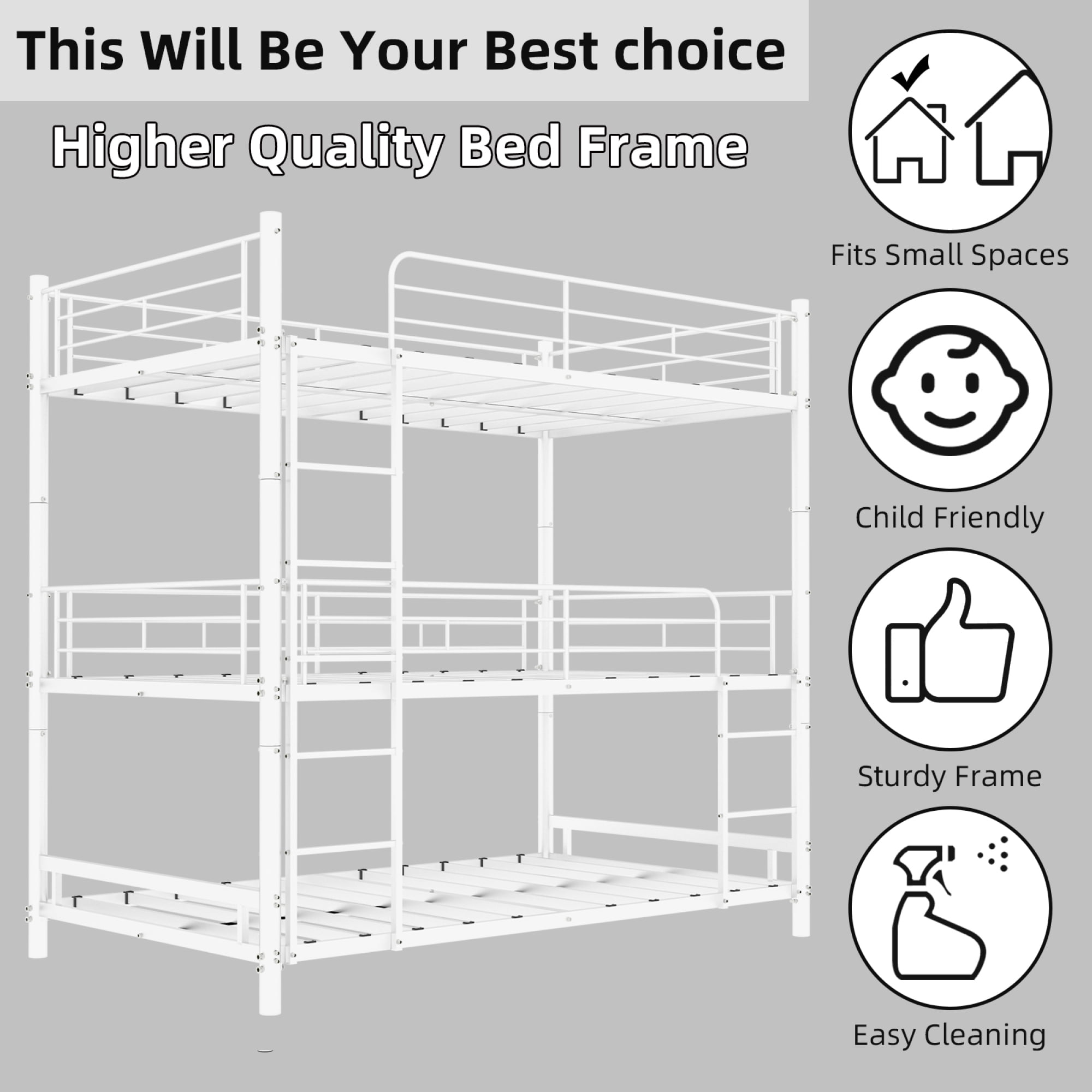Metal Triple Bunk Bed, Twin Over Twin Over Twin Heavy Duty Bunkbeds with Full-Length Guardrail Family-Friendly for All Ages, Bedroom, No Box Spring Needed, Easy Assembly