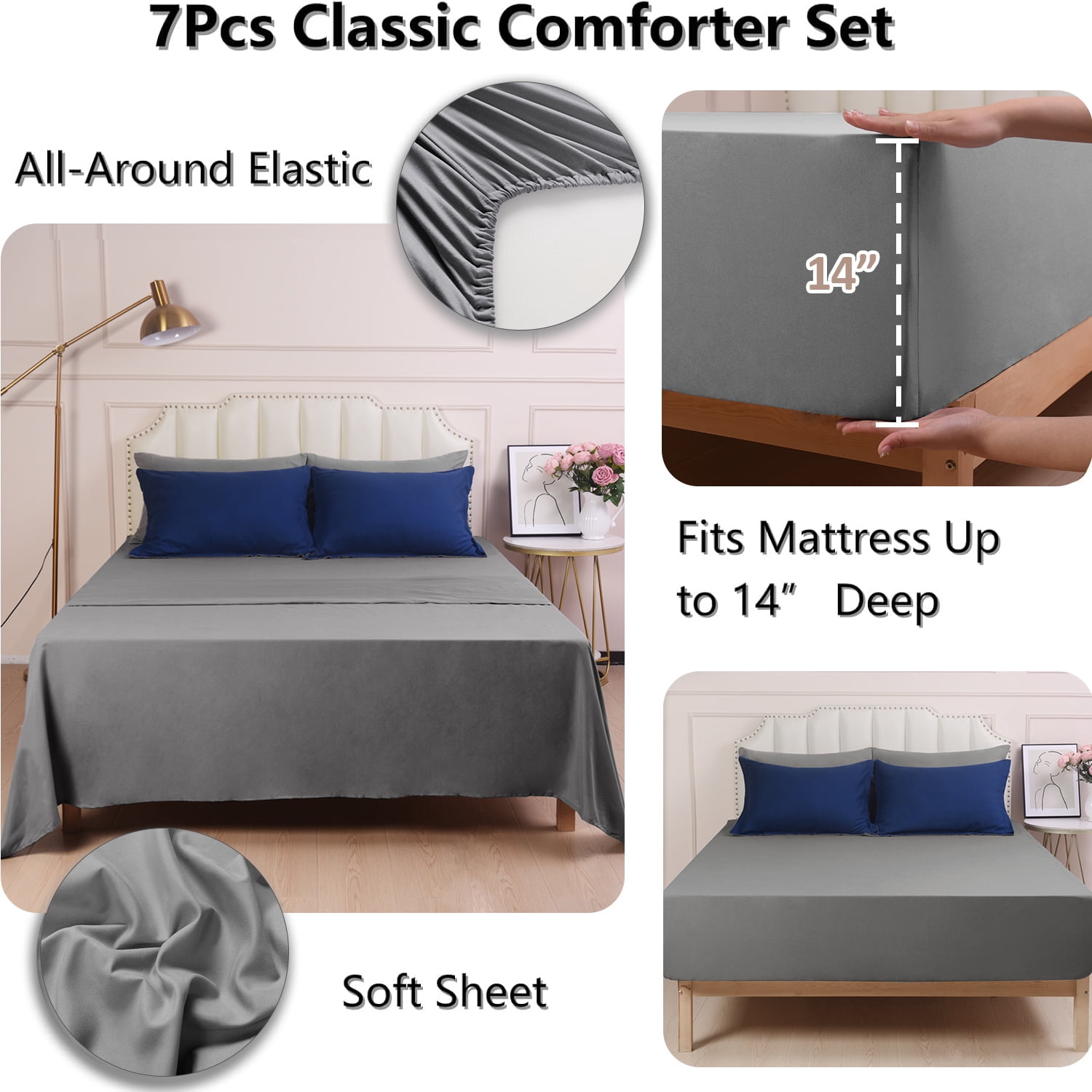 HIG 7 Piece Reversible Full Comforter Set - Navy Quilted Down Alternative Bedding All Season Super Soft Microfiber Bed in a Bag Includes Sheets Pillowcases Shams