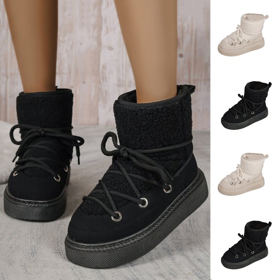 FRSASU Women's Cozy Ankle Snow Boots Fur Lining Warm Soft Comfortable Outdoor Walking Boots Black