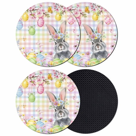 Easter Bunny Coasters Set of 4 Absorbent Coasters for Drinks Spring Colorful Eggs Flower Branch Plaid Coaster for Desk Coffee Table Protection Home Decor House Warming Gifts 4