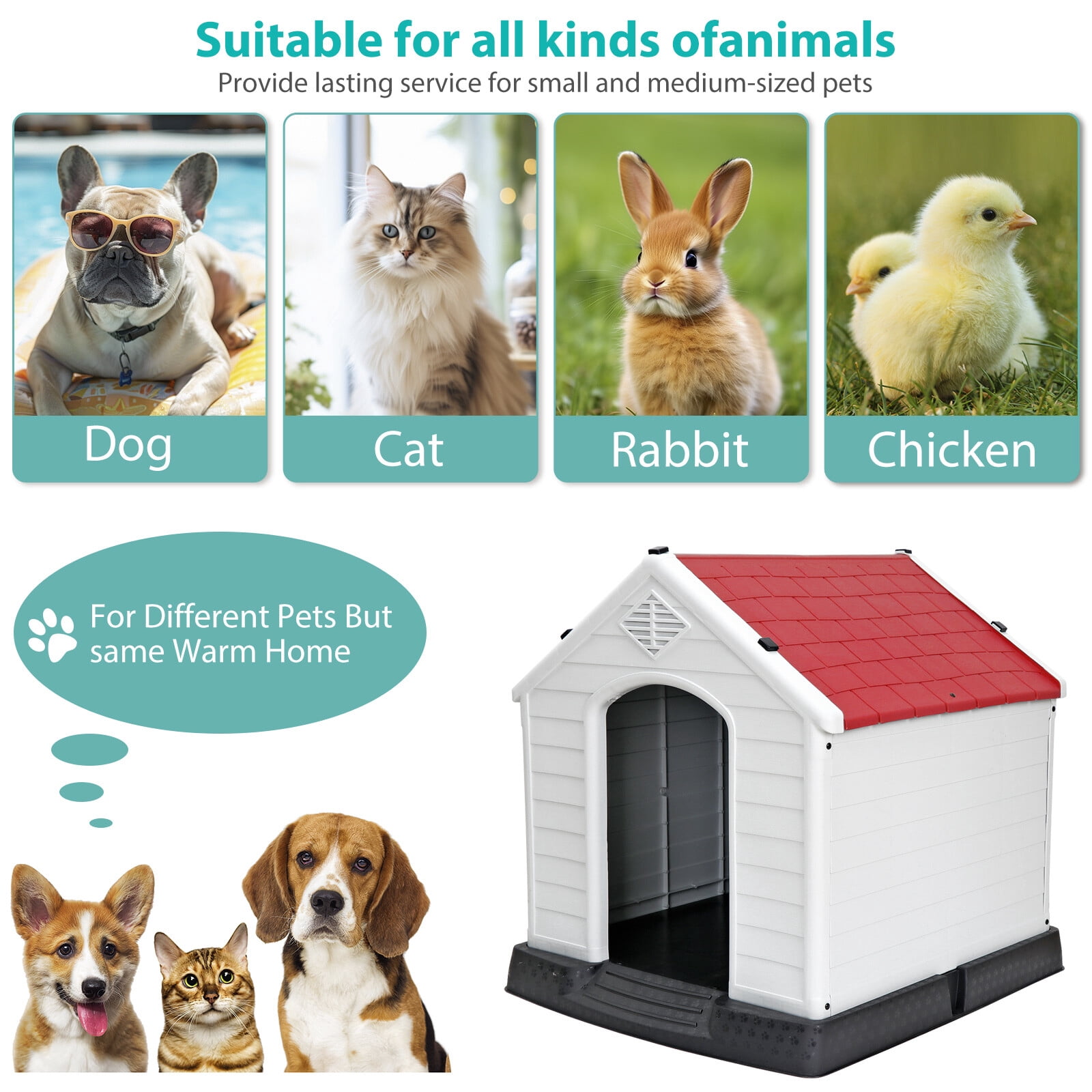 HomGarden 34-in Plastic Large Dog House Outdoor Pet Puppy Shelter Kennel W/Air Vents, Red