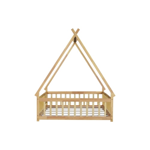 Bellemave Full Size Floor Bed with Door, Teepee Tent Bed Beds, Full Montessori Floor Bed with Guardrails, Wood House Bed with Slats, Natural