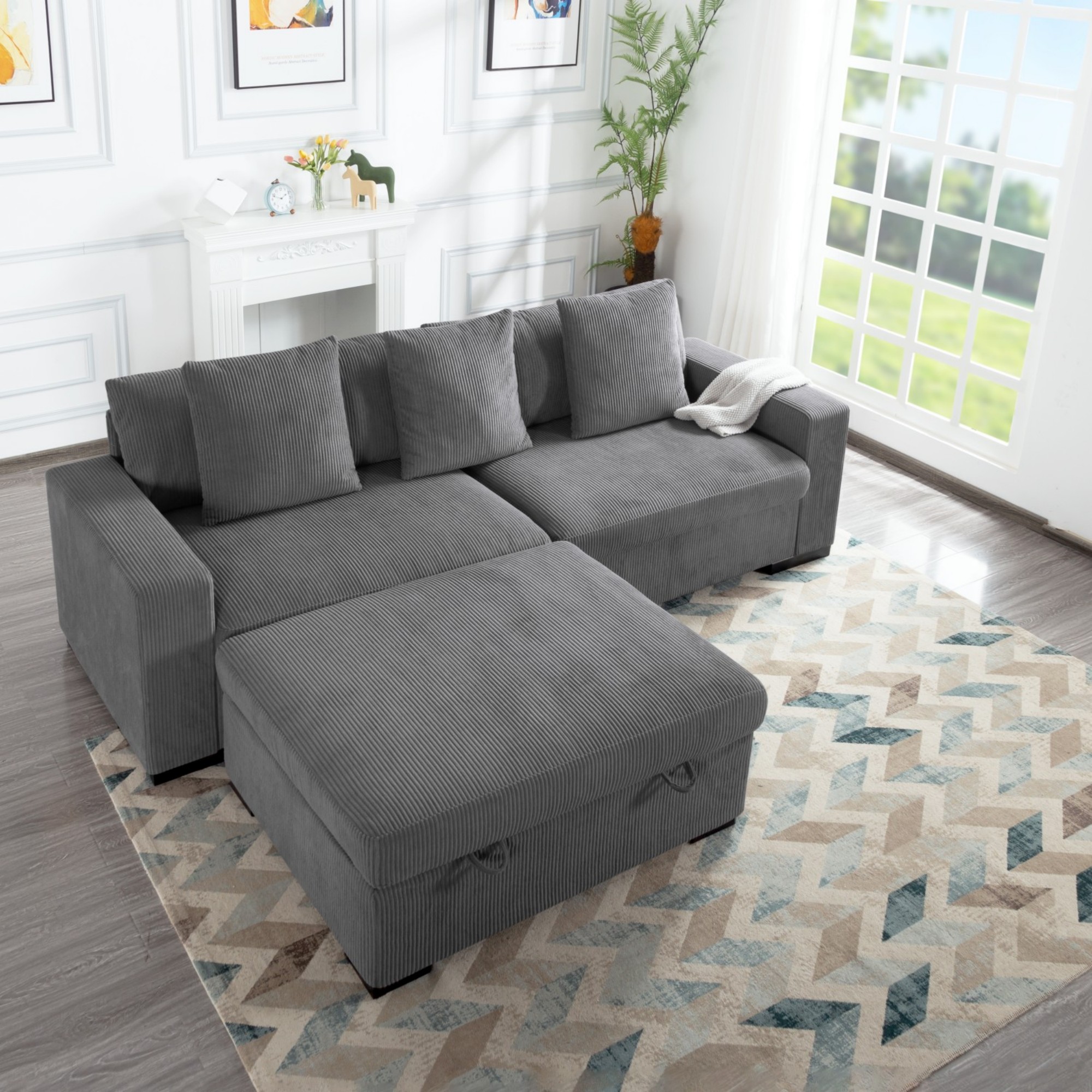 Gewnee 103.5-Inch Modular Corduroy Sofa Set with Solid Wood Legs, High-Density Foam, Suitable for Living Room/Bedroom/Office