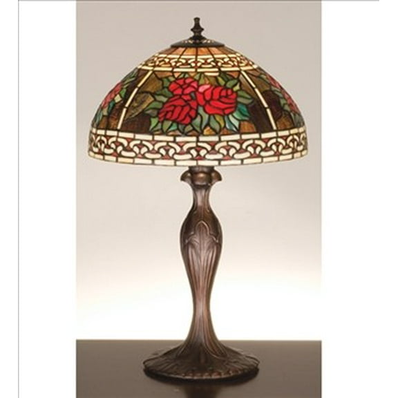 Meyda Tiffany 37789 Roses & Scrolls - 1 Light Table Lamp Mahogany Bronze Finish with Ruby Glass