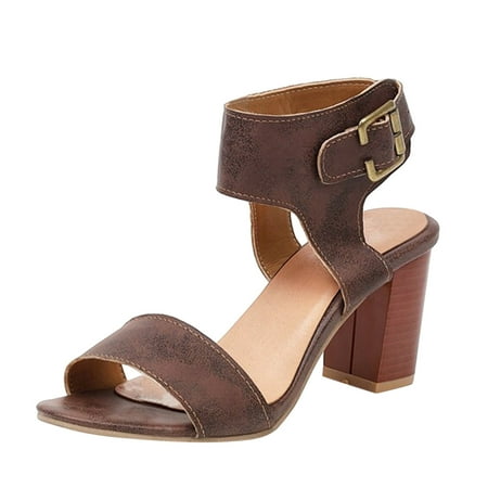 

MIASHUI Womens Sandals Shoes Solid Color Leather Open Toe Buckle Thick High Heeled Sandals Casual Summer Shoes Khaki 7.5