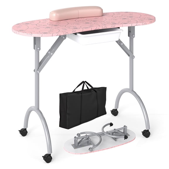 Foldable Portable Manicure Nail Table with Drawer, for Home Salon Use, Pink