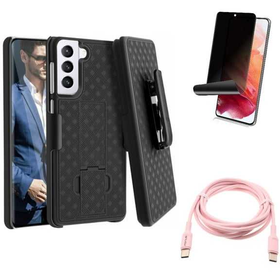 Pink 6ft Long Cable w Privacy Screen Protector w Case Belt Clip for Samsung Galaxy S21 Plus - USB-C to Type-C PD Fast Charger, TPU Film Fingerprint Works, Holster Swivel Accessory Bundle