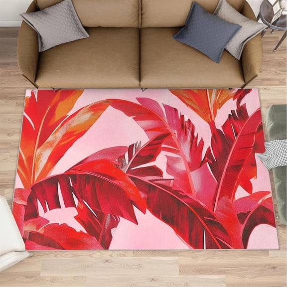 Banana Leaves Rugs for Bedroom, Red Leaves Area Rugs for Living Room, Tropical Botanical Carpet, Modern Carpet, Washable Mat, Tropical Home Decor-3x5ft