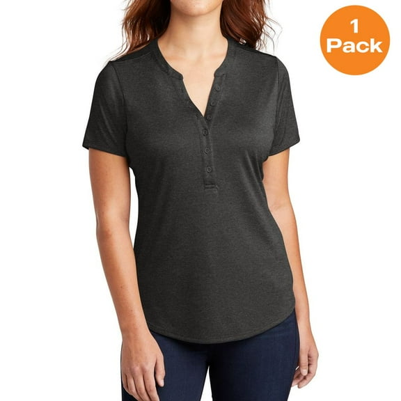 Sport-Tek LST468 Ladies Endeavor Henley, Black Heather, 4XL, Womens Clothing, Womens Activewear
