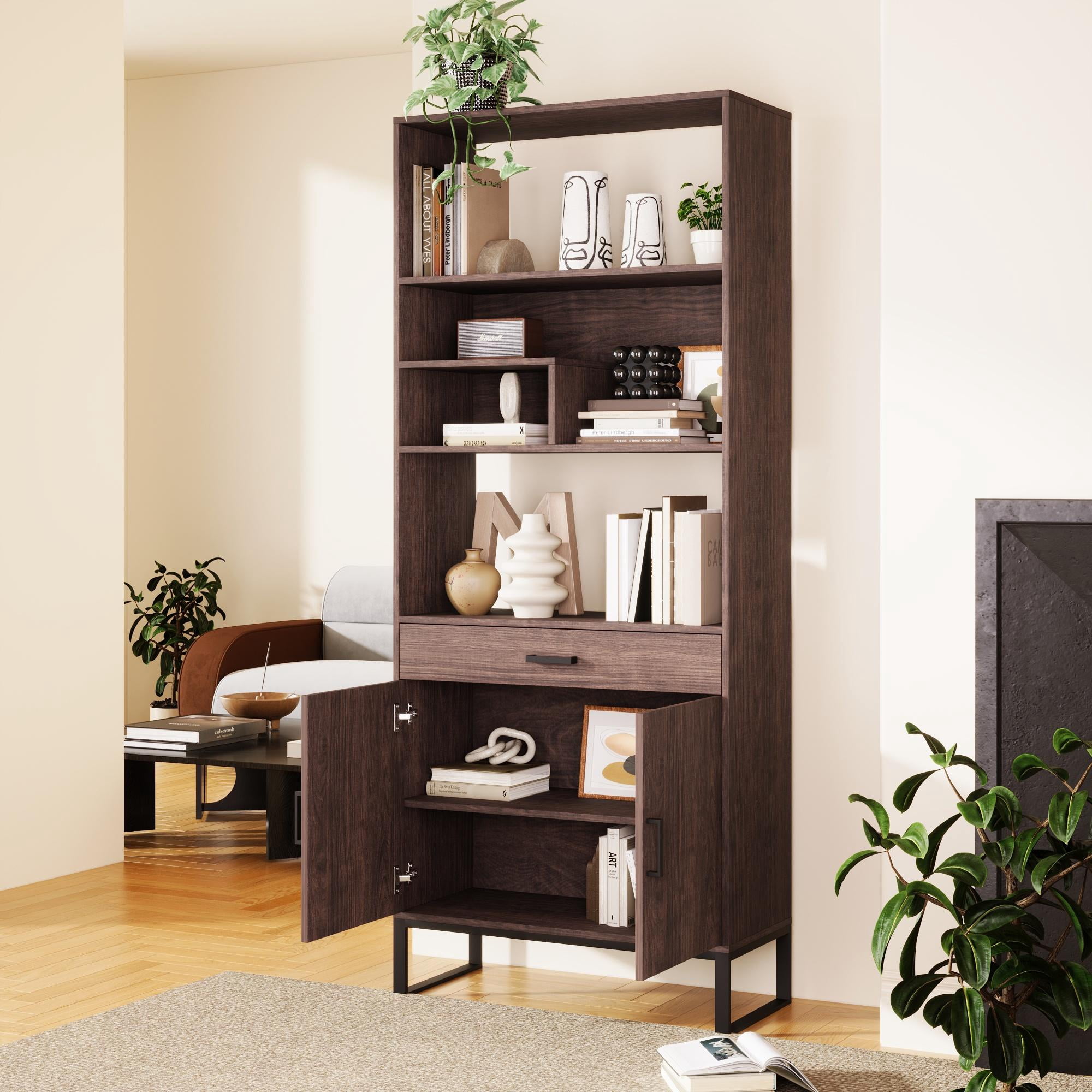 PORKISS Bookshelf with Doors, Wooden Bookcase with Storage Drawer and LED Strip Lights, Freestanding Display Rack Bookcase with Storage for Living Room and Office, Walnut