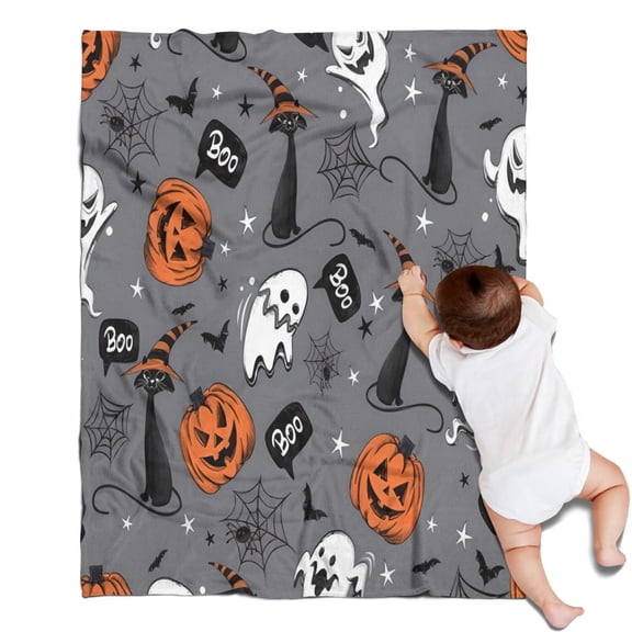 Halloween Gray Ghosts Cats and Pumpkins Blanket,Comfortable Soft Flannel Throw Blanket,All Season,Warm Lightweight Blankets for Sofa Bed Couch Living Room Chair,30"x40"