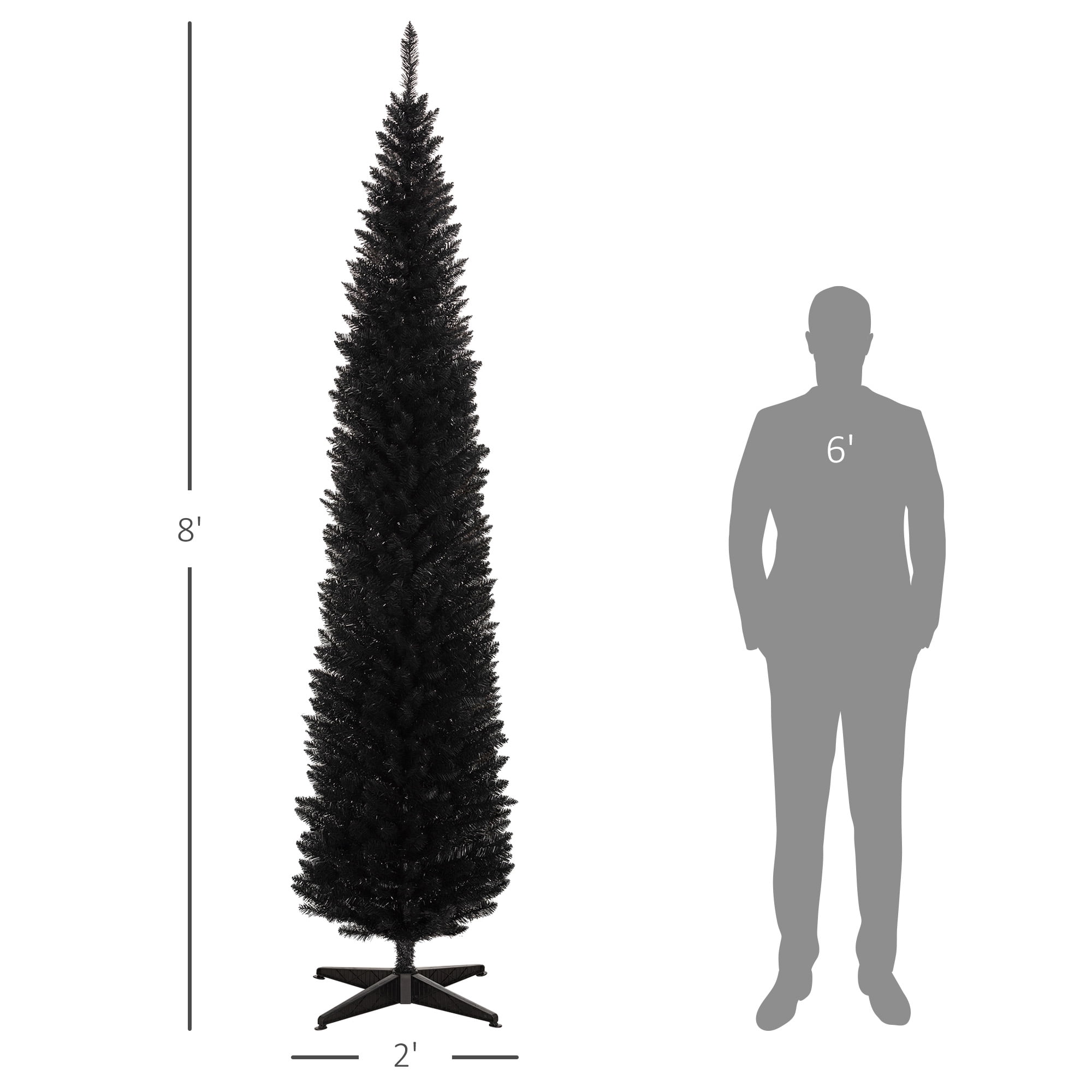 8ft Unlit Black Pencil Christmas Tree 618 Tips Easy Assembly Plastic Base Small Space Holiday Decor