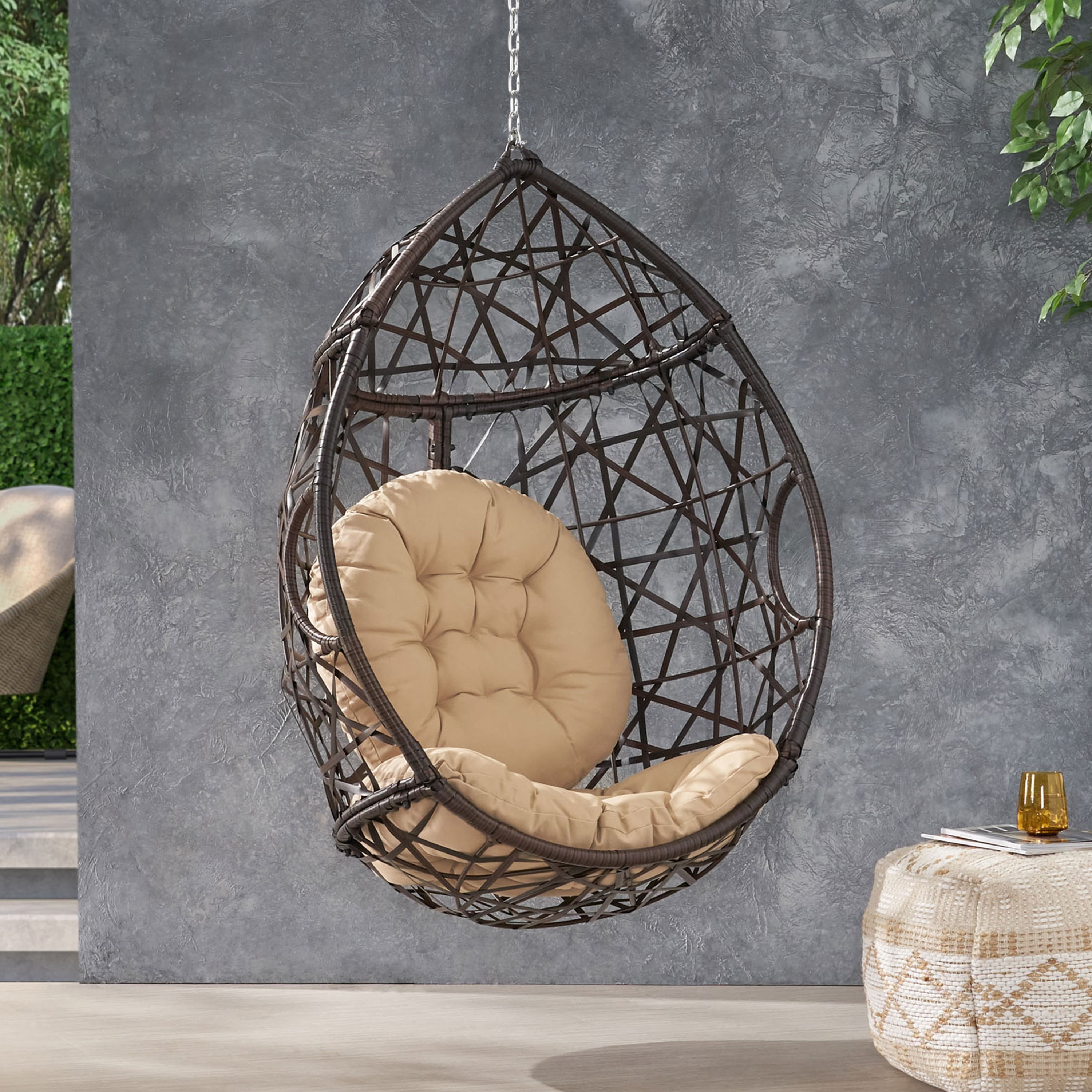 Outdoor Woven Basket Style Hanging Egg Chair, Suspended Leisure Swing Seat for Patio Garden, Brown and Beige