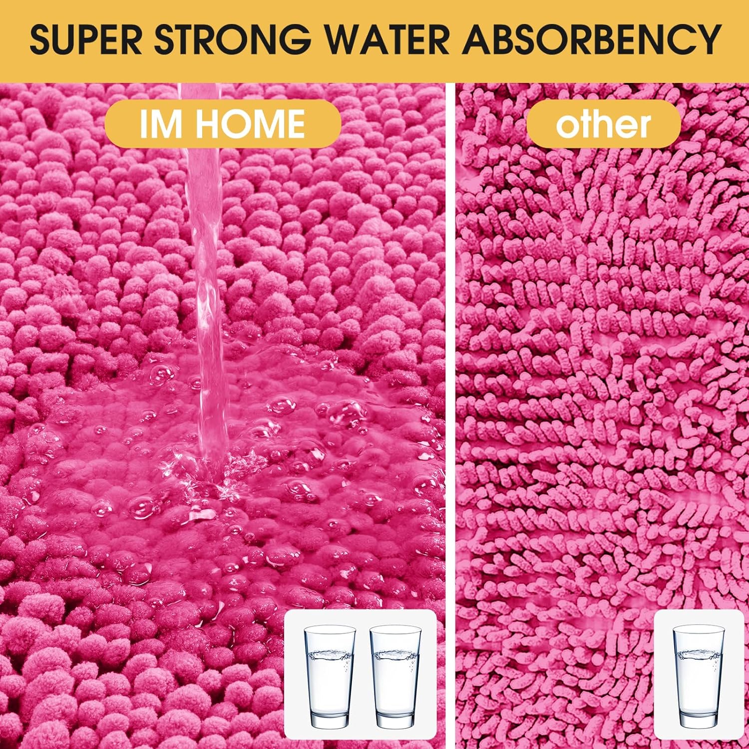 HAKUNA Upgrade Extra Large Shiny Pink Bathroom Rug Set 3 Pieces Ultra Soft, Thick Absorbent Bath Mats, Non Slip Chenille Toilet Mat for Bathroom, Bedroom, Kitchen